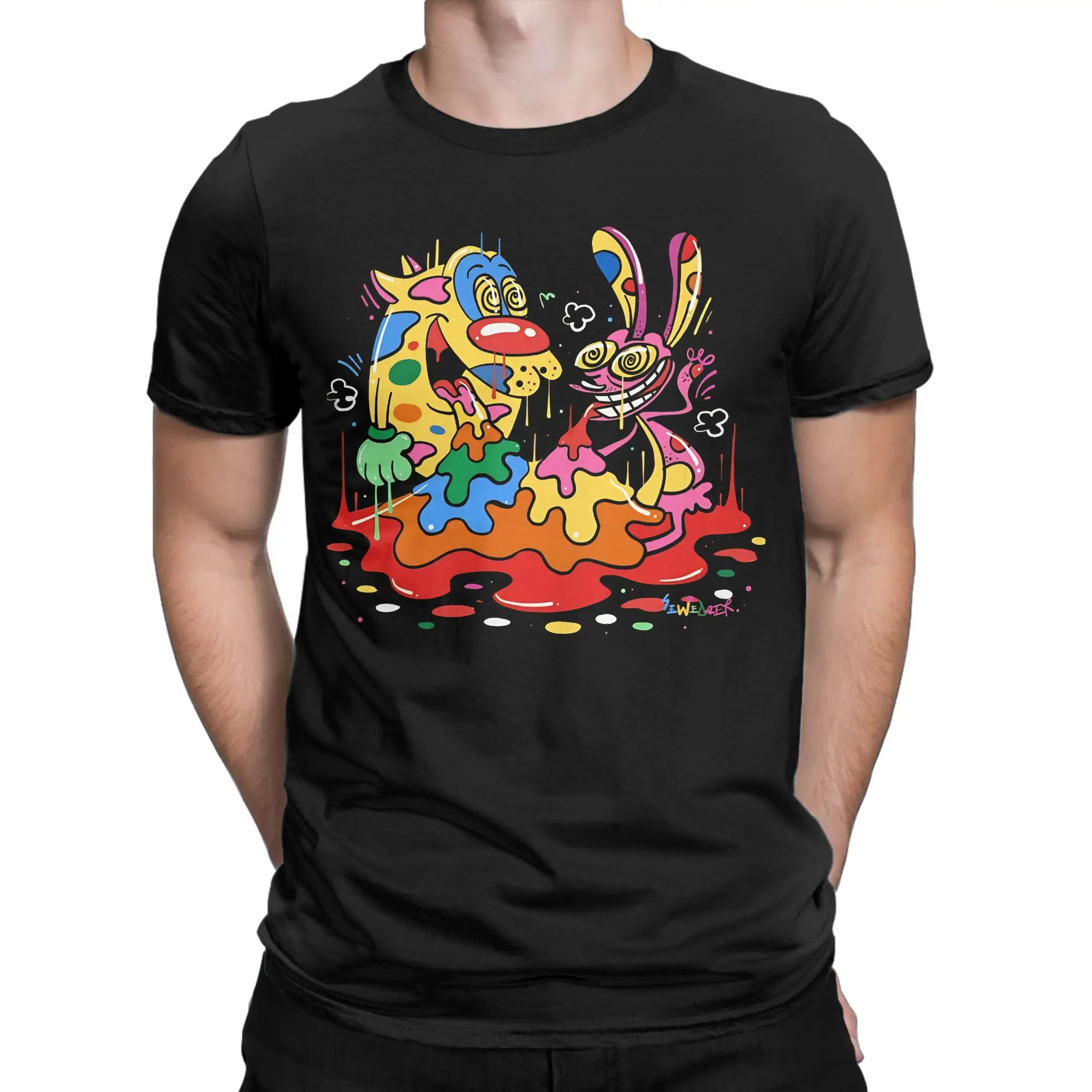 Rainbow Edgy Animal Characters Novelty Graphic 100% Cotton T-Shirt R-Ren & Stimpy Tops Tees For Men
