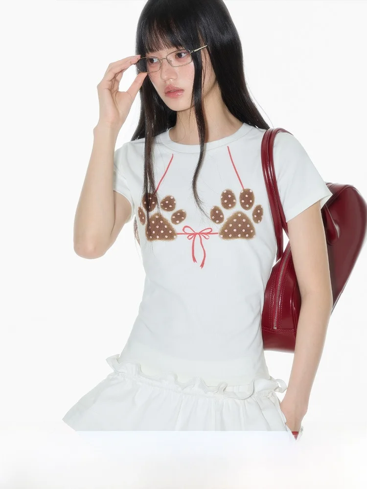 

Slim Fit round Ne ort Sve T-irt Women's Original Design White Bow Knot Paw Print Casual Commute Sle Cotton Blend