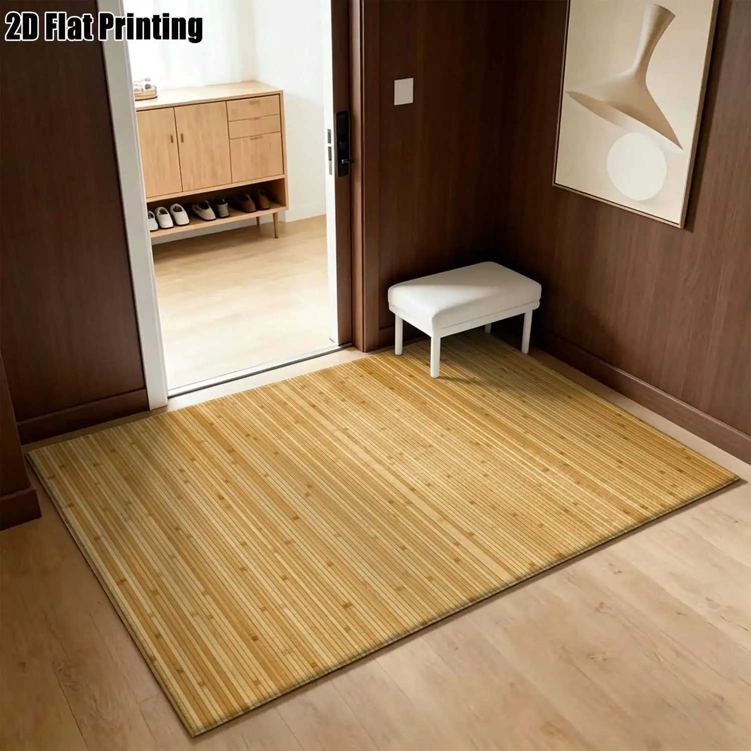 1Pc 2D Printed Light Yellow Bamboo Pattern Nordic Minimalist Geometric Striped Instagram Floor Mat, Home Decor Rug, Machine Washable, Multi-Size for Entryway, Dining, Living Room, Bedroom