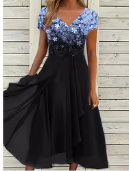 2025 Summer Women Dress V Neck Urban Casual Fashion Chiffon Splicing Dresses A Line Temperament Elegant Short Sleeves Vestidos