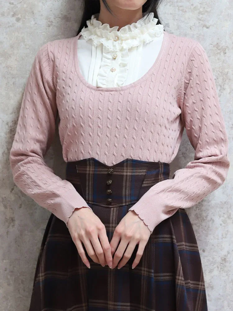 

Sweet Sle Knitted Sweater Women's Long Sve Ruffle Hem Patchwork Knitwear Soft Comfortable Breathable Spring Commute Wear