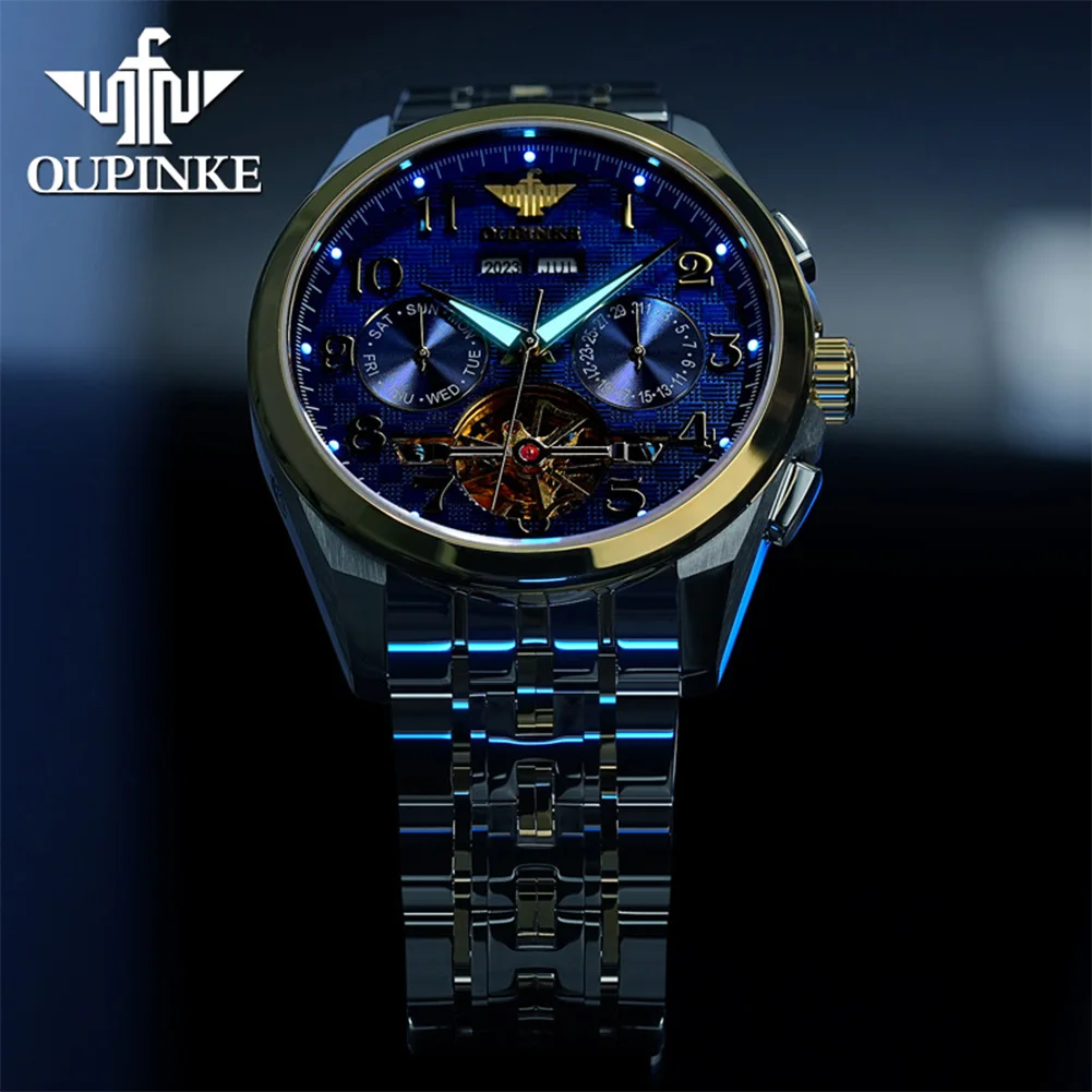 OUPINKE 3263 Flywheel Hollow Men Watch Luxury Brand Tungsten Steel Waterproof Calendar Watch All Automatic Mechanical Watch Gift