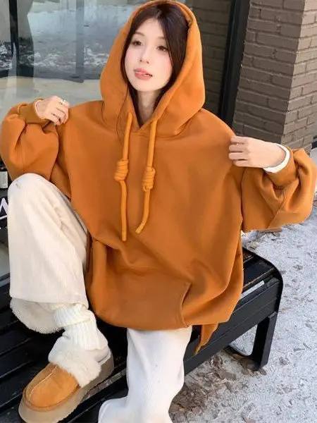 Sudadera con capucha holgada de talla grande para mujer, suéter informal largo con cobertura de carne para invierno, sudadera cómoda y transpirable para calle