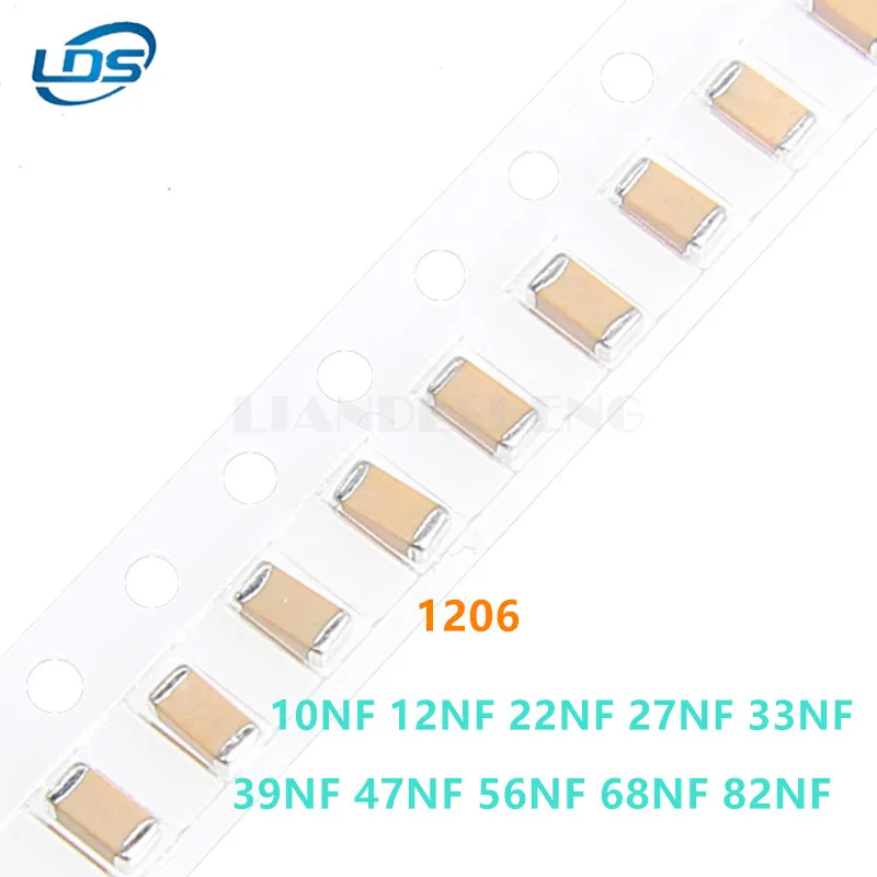 100pcs SMD Ceramic Capacitor 1206 10nF 12nF 15nF 18nF 20nF 22nF 27nF 33nF 39nF 47nF 56nF 68nF 82nF