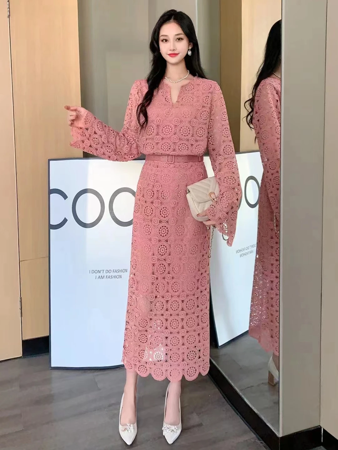 2024 New Spring Autumn Women Vintage Hook flower hollow Lace Skirt Suits Elegant Long Sleeve Top And Long Skirt Two Piece Set