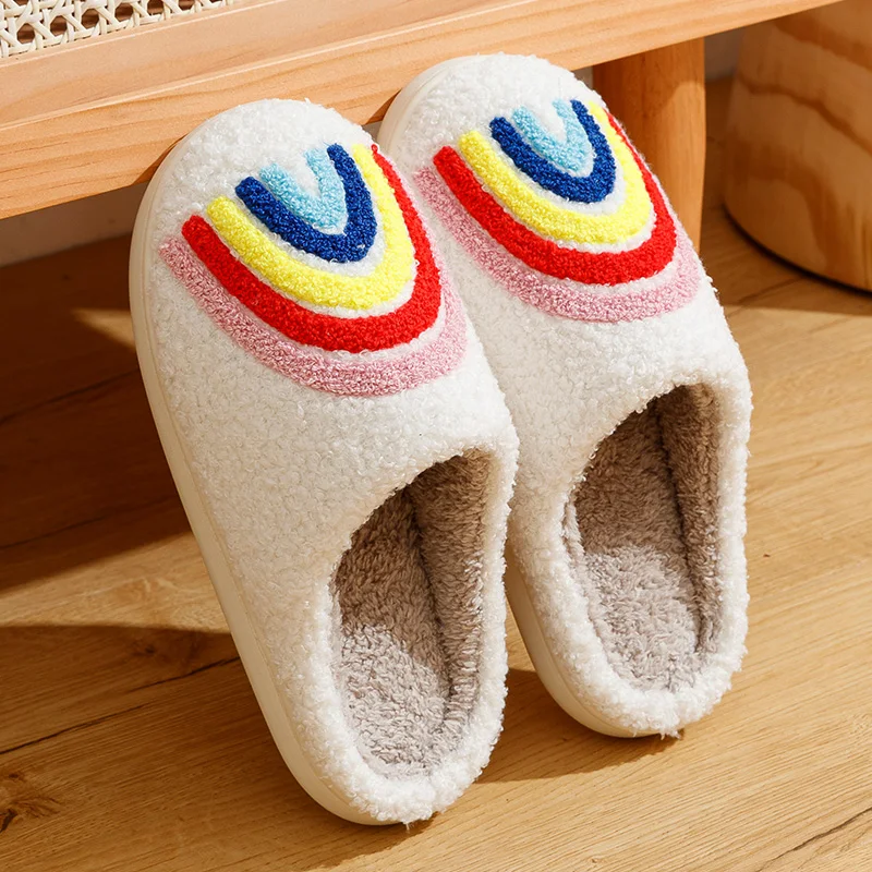 Rainbow Women's Slippers Home Colorful Sunshine Embroidery Fuzzy Indoor Winter Warm Soft Lovely Girls Comfort Plush Houseshoes