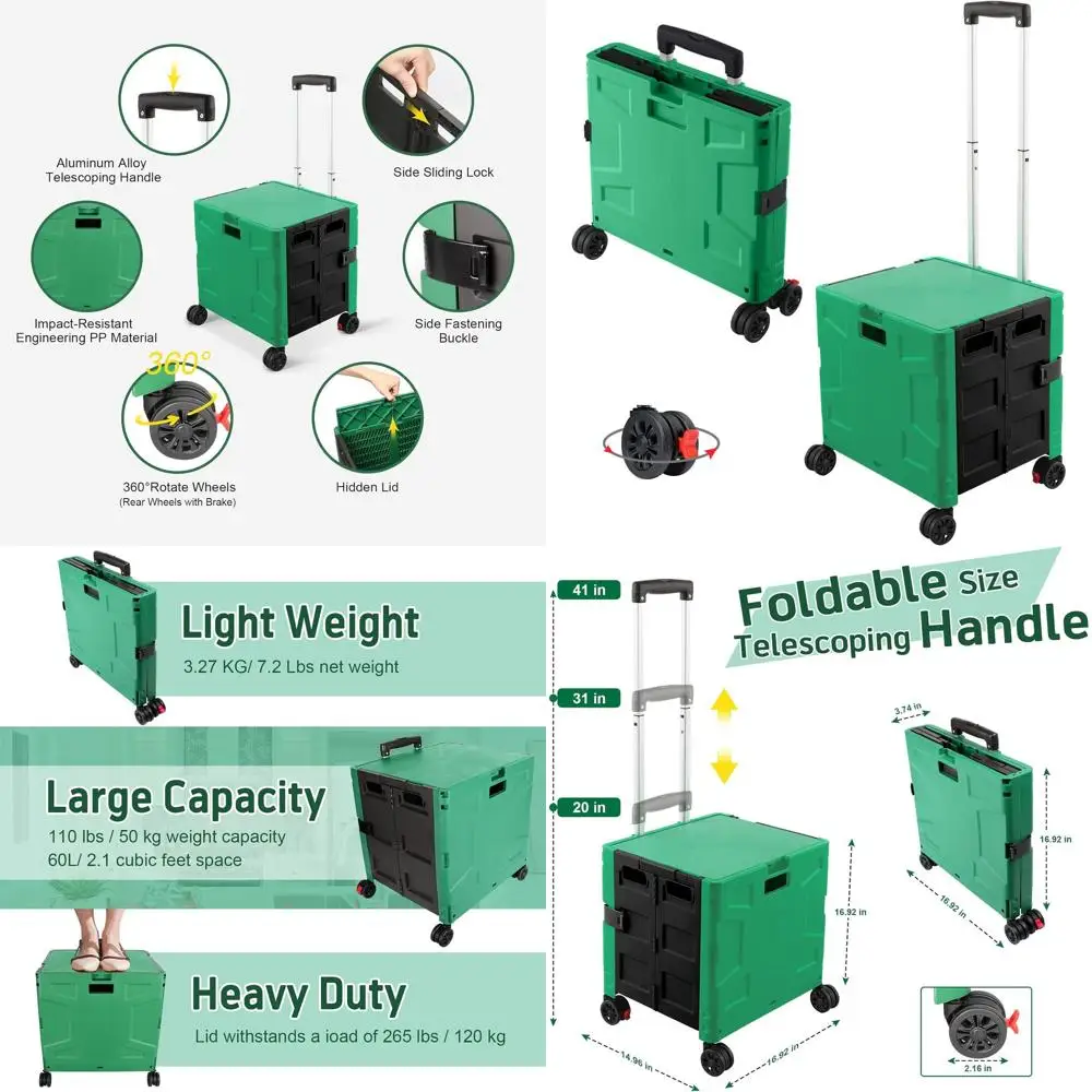 

Heavy-Duty Plastic Utility Cart with Telescoping Handle, Collapsible Lid, and 4 Swivel Wheels for Home, Office, and School Use (