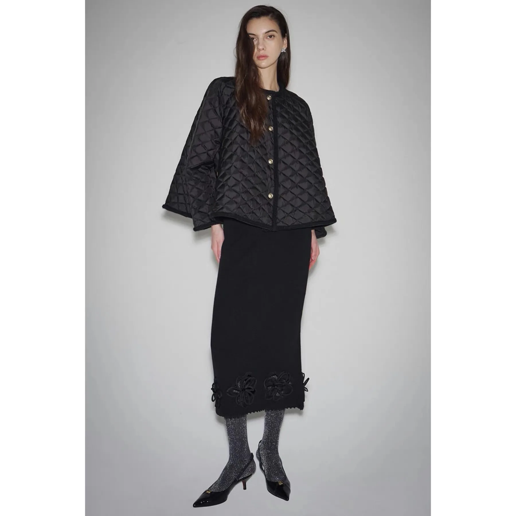 

Lemon Cheese LAN25 Autumn Commute Faion Personali round Ne Diamond id A-Line Cloak Sle Versatile Goose down Coat