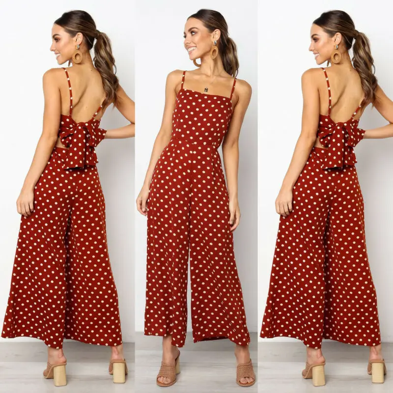 Women Elegant V-Neck Sleeveless High Waist Jumpsuit Summer Sexy Polka Dot Romper Female Loose Wide Leg Playsuits Fashion