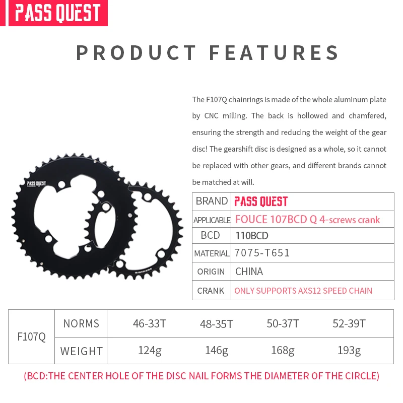 PASS QUEST 107BCD Double Chainring 2X Sprocket,For SRAM FORCE Quarq Power Meter AXS 12S Road/Gravel Bike 46-33 48-35 50-37 52-39