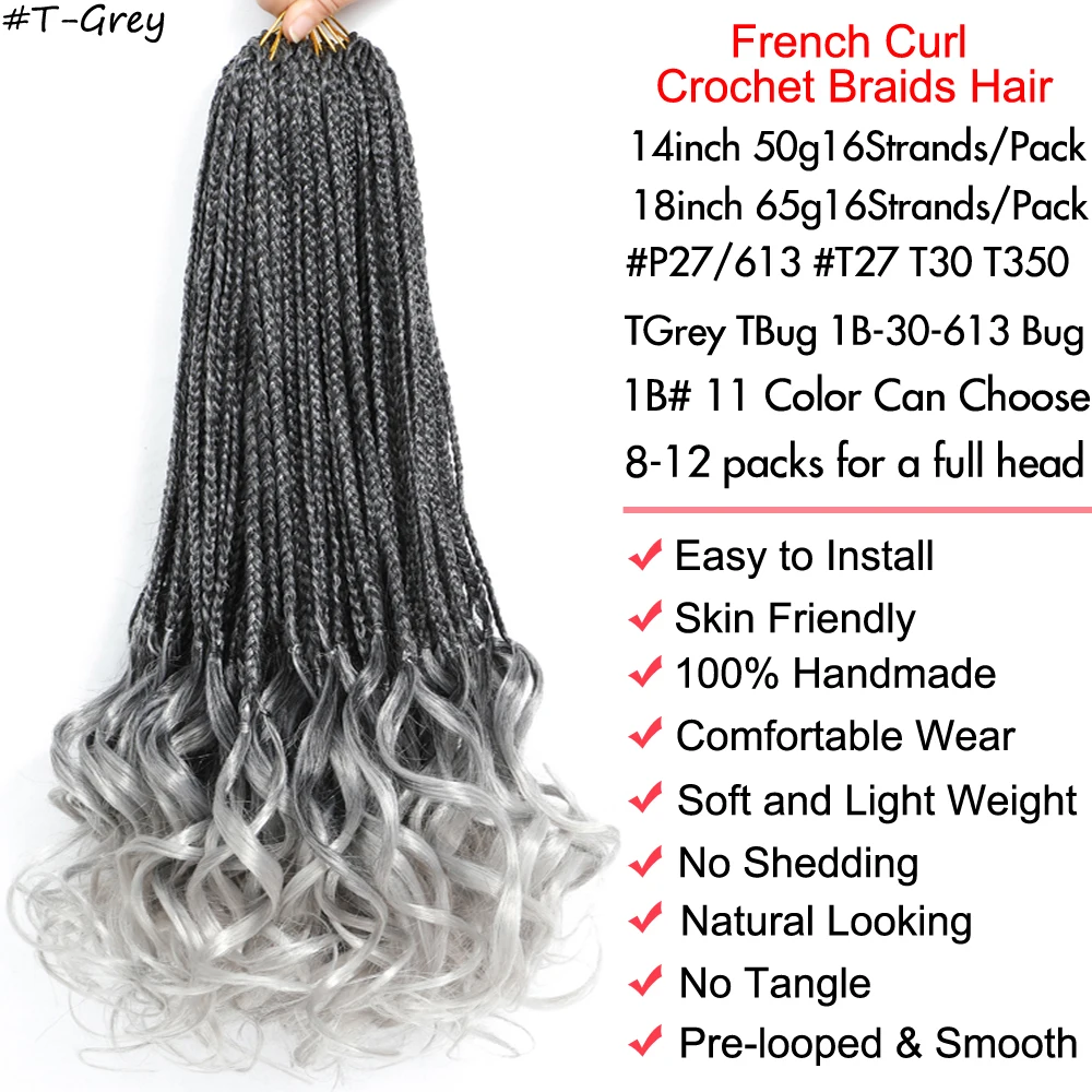 14 18 inch Omber 1B Black Gray Brown French Curls Crochet Braiding Hair Synthetic PreLooped Box Crochet Braids French Curly Hair