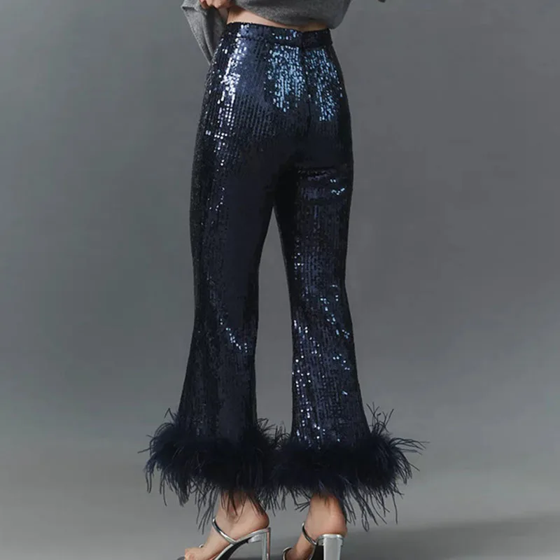 

Sexy Party Club Sequin Flared Pants Woman 2026 Spring Elegant High Waist Feather Trousers Autumn Casual Slim Fit Glitter Bottoms