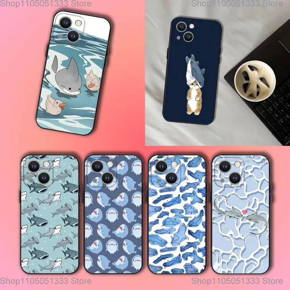 

Cute Cartoon Blue Shark Phone Case For iPhone 17,16,15,14,13,12,11,Pro,XS,Max,XR,Plus,E,SE4,Mini Black Soft Cover
