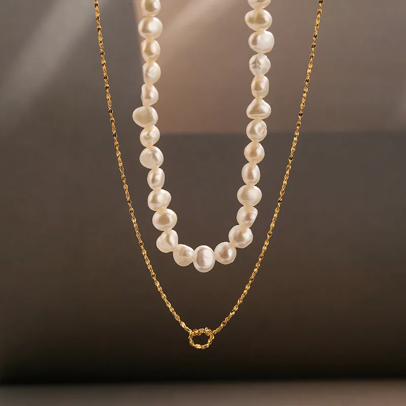 

Classic Retro Ins Style Double-layered Natural Freshwater Pearl 925 Sterling Silver Chain Necklace for Women Exquisite Clavicle