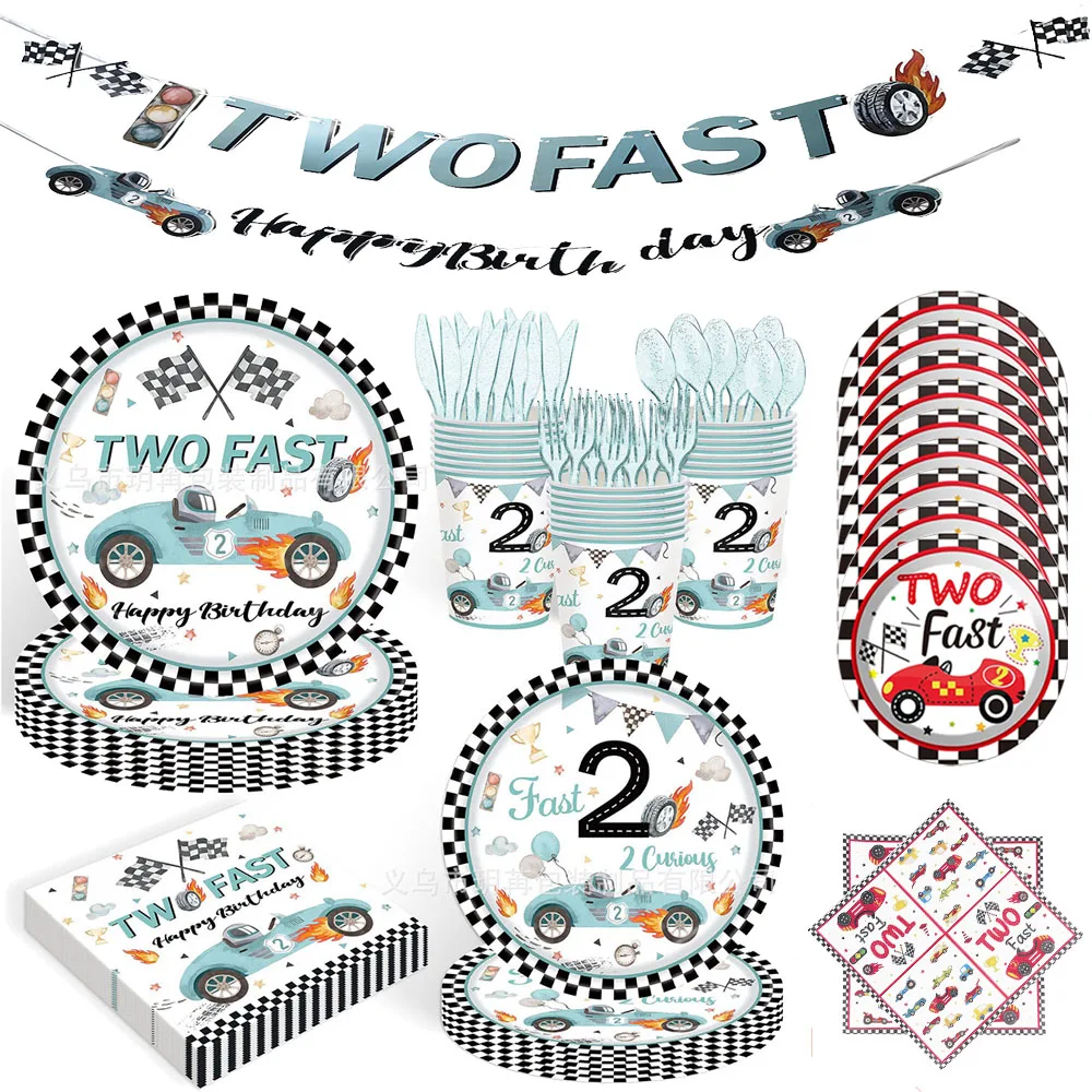 

Race Car Theme Two Fast Boys 2th Birthday Party Decorations for Race Car Checkered Flags Racing Wheel Disposable Tableware