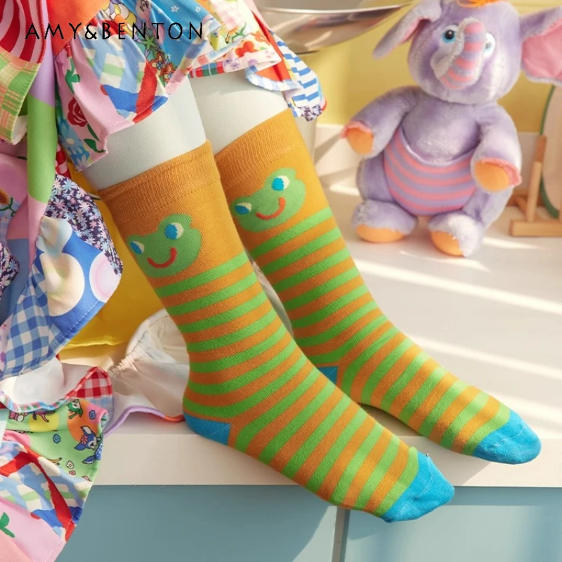 2025年秋新作-カラフルストライプ-キュートなレディースコットンソックス-日本デザイン-カラーブロック-細見え-y2k風-おしゃれ-ミドル丈ソックス-女性用
