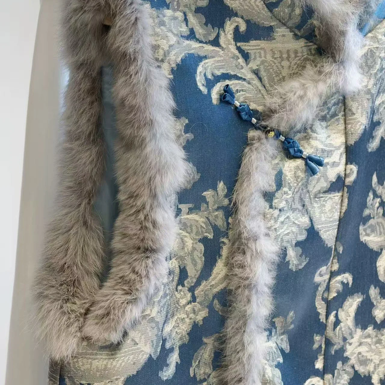 Uui mao novo casaco estilo chinês novo brocado jacquard herança cultural intangível colete jaqueta sem mangas pele de coelho