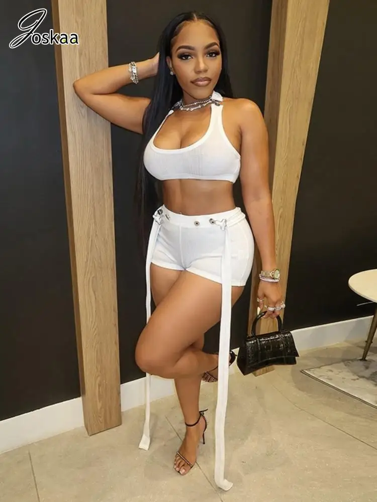 

Joskaa Women's 2025 Summer Ribbed Two Piece Set Sexy Crop Tank Tops and Ribbons Shorts Matching Tracksuits Y2K Streetwear