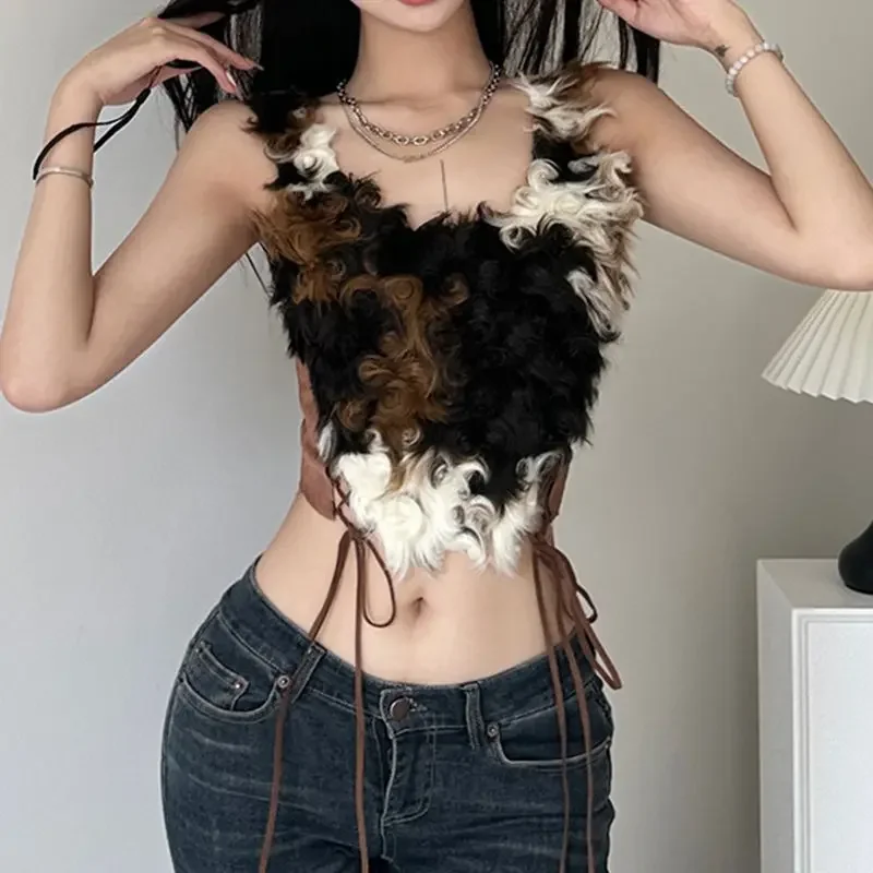 Sexy Style Tie-dye Gradient Retro Special Plush Short Vest Women's Trendy Street Splicing Y2K Hot Girl Shopping Tops Inner Wear