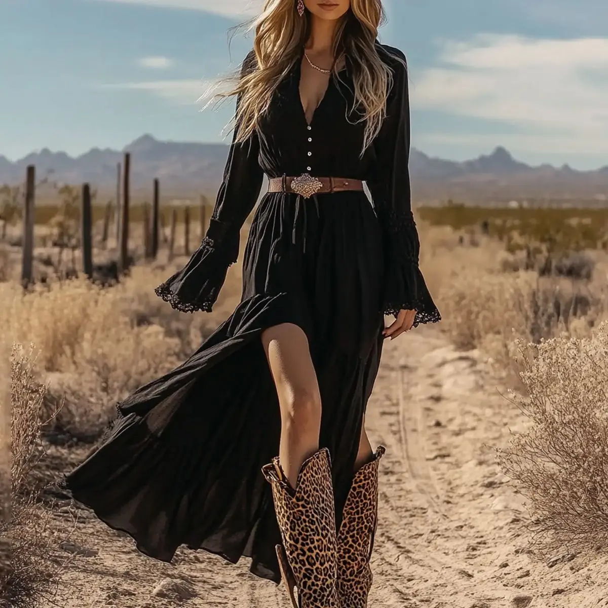 

Women's V-neck Solid-color Long-sleeved Dress in Western Country Style Long Skirt