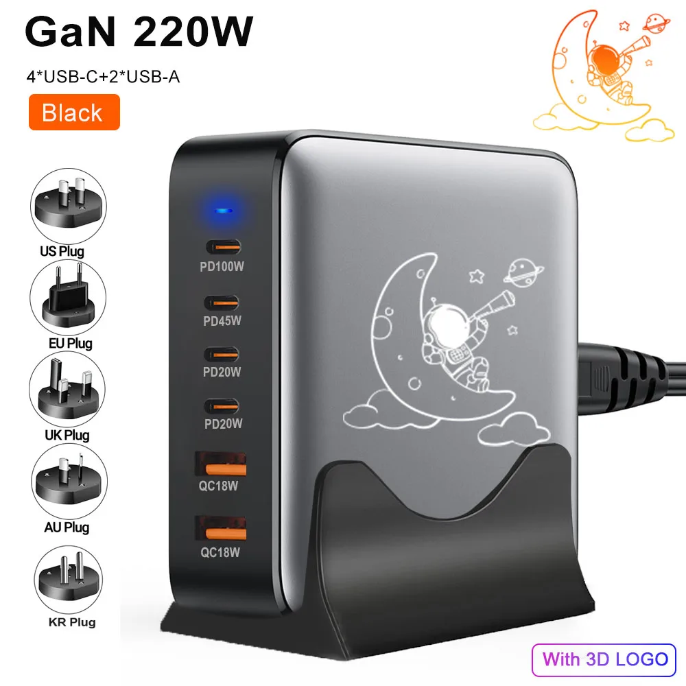 

Eonline 2D 220W GaN USB-C Desktop Charger 6-port PD Fast Charging Power Station Adapter For IPhone Laptop For Ipad Tablet Bussin