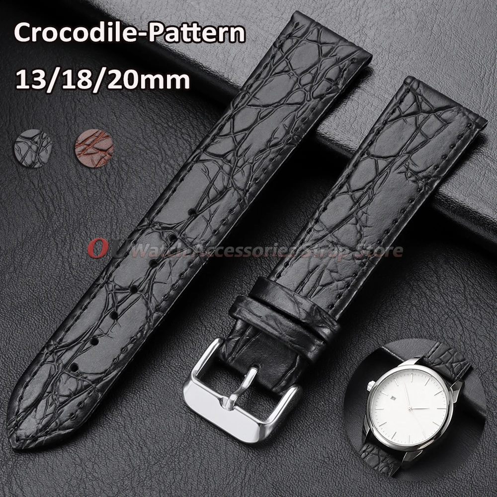 For Seiko Vintage Leather Watchband Strap Black Brown 18mm 20mm 13mm for Omega Wristband Matte Crocodile Embossed Watch Bracelet
