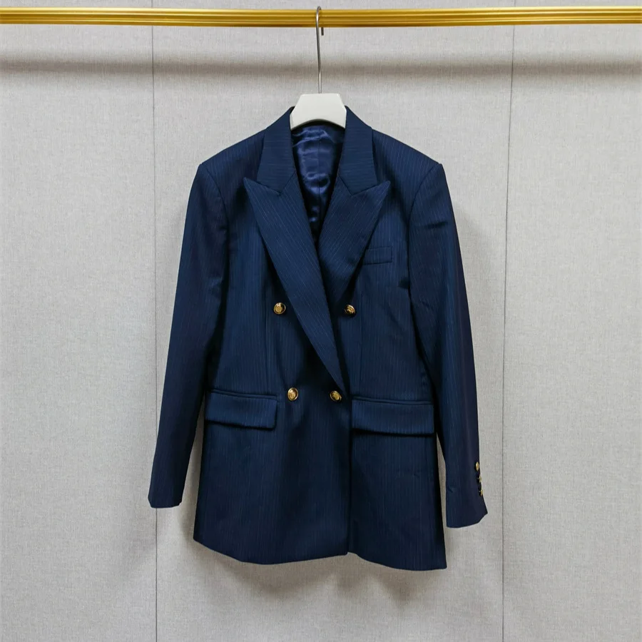 【presente grátis】2025 outono inverno nicho francês listrado blazer duplo breasted estilo plissado saia midi de cintura alta para mulher