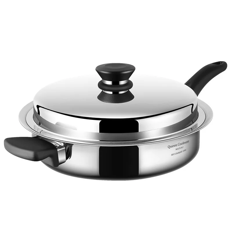 

304 Stainless Steel Flat Bottom Non Stick Pot Household Uncoated Steak Frying Pan Kitchen Cooking Pot Chinese Style Cookware