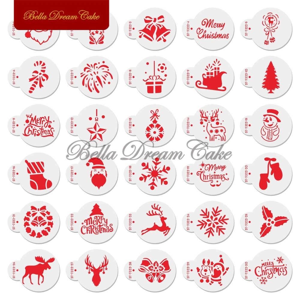 30pcs/set Christmas Series Fondant Cookie Stencil DIY Macaron Biscuit Mold PET Chocolate Coffee Template Cake Deco Tool Bakeware