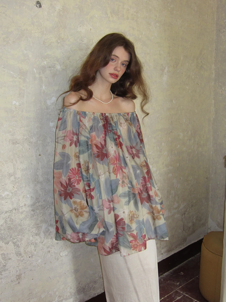 

Женская блузка из шифона с принтом в стиле Моне, оригинальный дизайн, двусторонняя, с открытыми плечами, удобная посадка