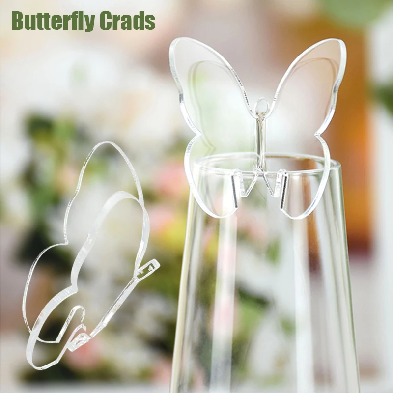 5pcs Clear Butterfly Wine Glass Decoration Acrylic Drink Tag Cocktail Champagne Glass Cup Card For Wedding Birthday Party Decor