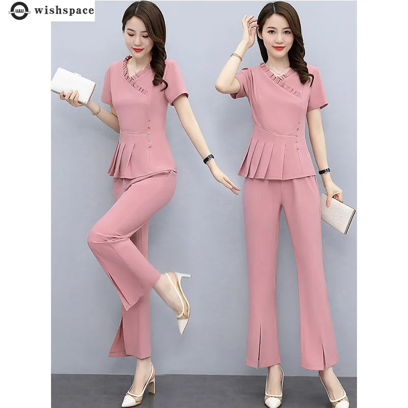 

2022 Summer New Ruffle Ruffle Short Sleeve Chiffon Shirt Top Wide Leg Trousers Two Piece Elegant Women's Pants Set Tracksuit