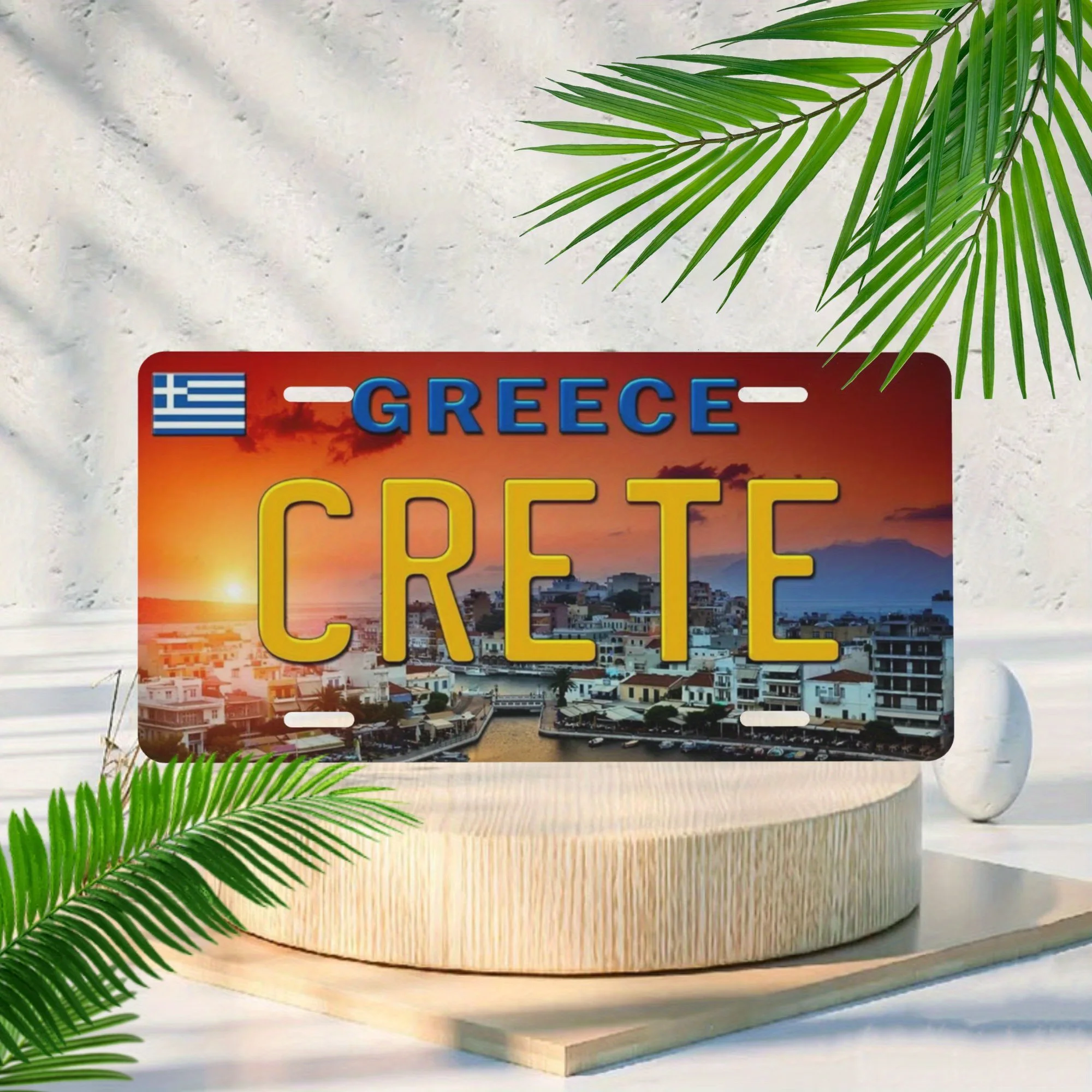 Decorative  Metal Sign – Scenic View of a Coastal Cretan Town with Greek License Plate Details, For Decorative Use Only