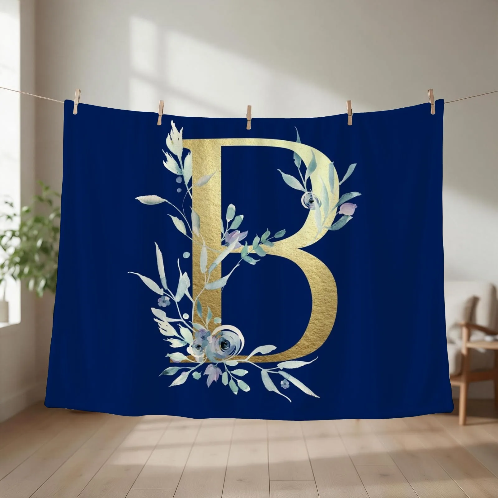 B - Gold Monogram Letter with Watercolor Flowers Throw Blanket couch cozy soft plush fuzzy picnic outdoor blanket