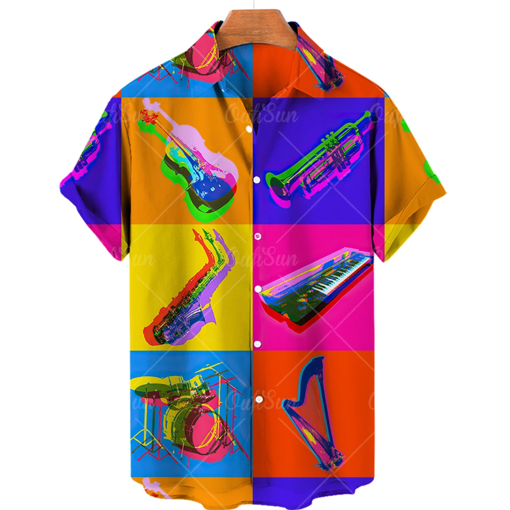 Summer Hawaiian Shirts For Men Music Guitar Printed Tops Clothing Fashion Casual Oversized Collar Rock And Roll Blouses