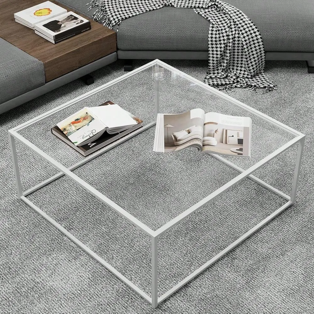 

Minimalist Living Room Center Table, Tempered Glass Top Coffee Table with Sturdy Metal Frame Sofa Side Table