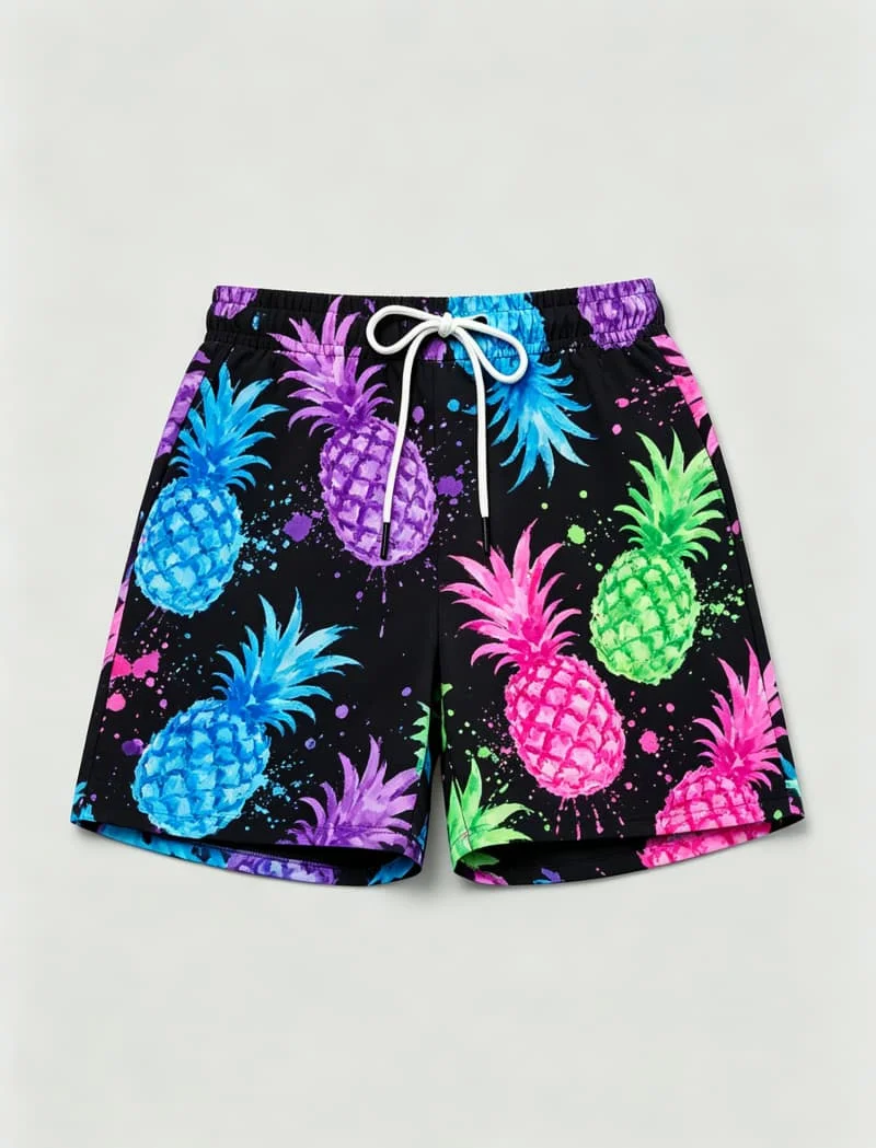 Men's watercolor fruit printed beach shorts with artistic tropical elements, for beach parties, swimming pools, and street wear