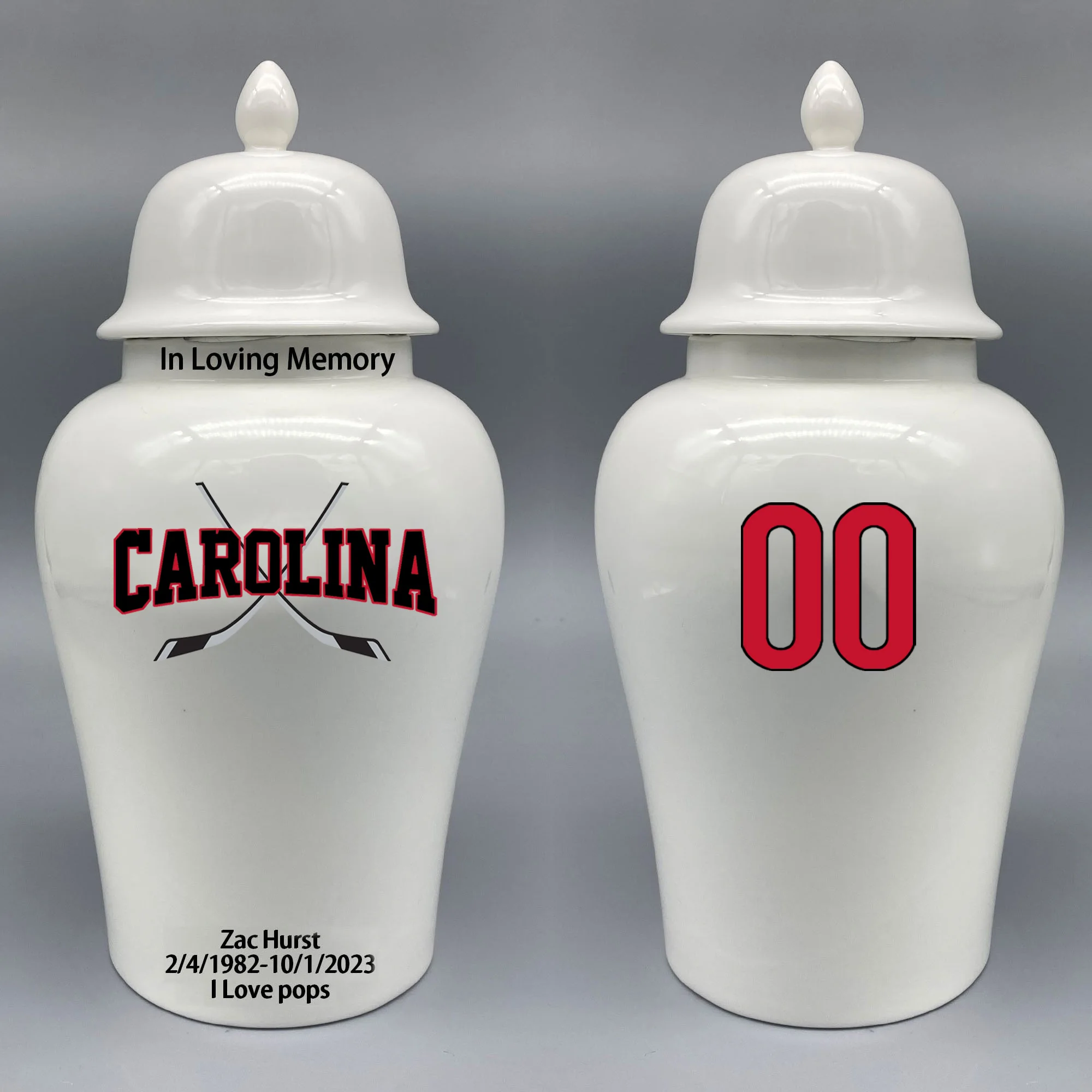 Large Urn for Carolina Hurricanes-themed Hockey Urn.Please send me the customize information-name/date and number on the urn