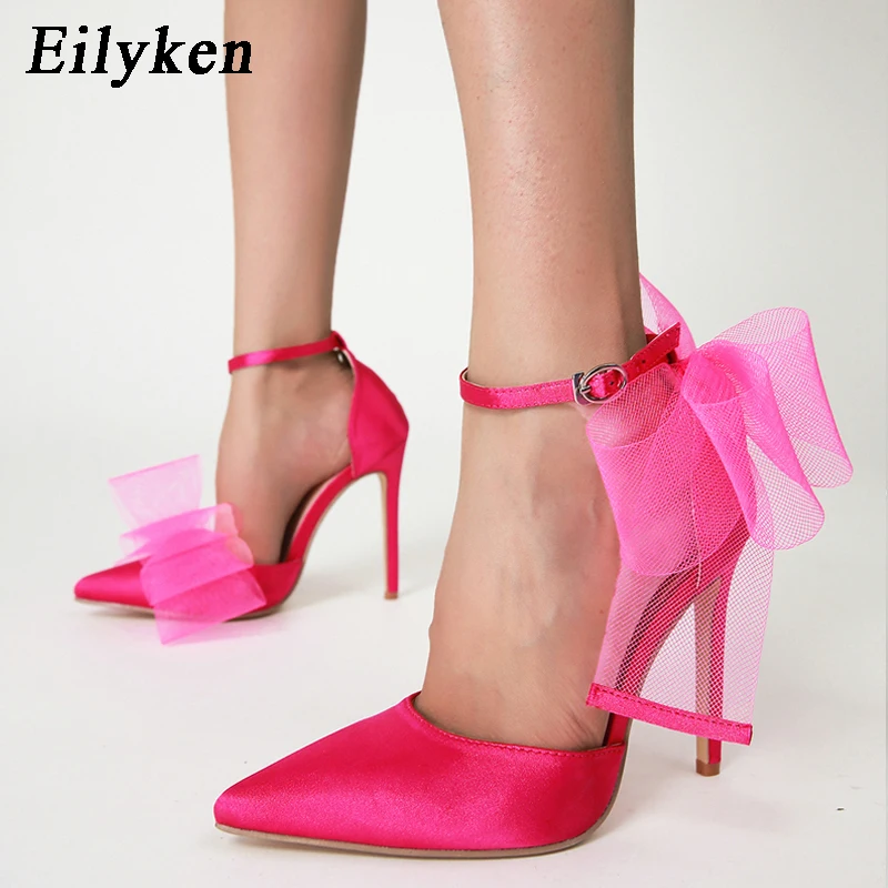 Eilyken Fashion Silk Bowknot Satin Women Pumps Summer Pointed Toe High heels Party Wedding stripper heels Lady Shoes