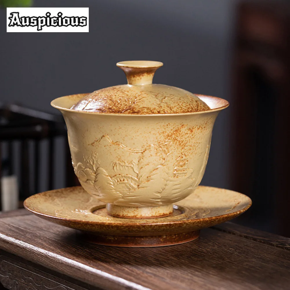 

210ml Handmade Longquan Celadon Gaiwan Antique Landscape Wood-fired Porcelain Tea Tureen Tea Making Cover Bowl Tea Ceremony Gift