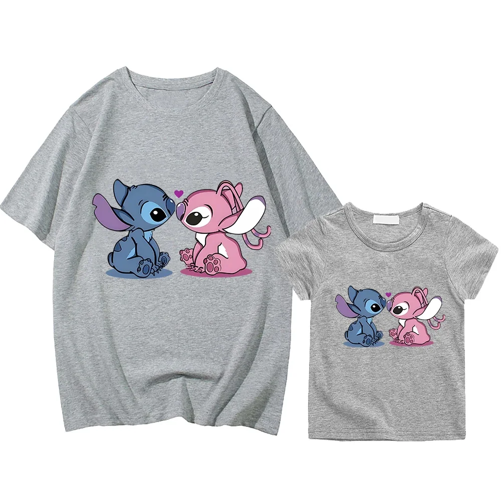 Stitch Disney mom and daughter matching clothes Men women Kawaii Short Print 100%Cotton t shirt for kids boy girl anime Tops y2k