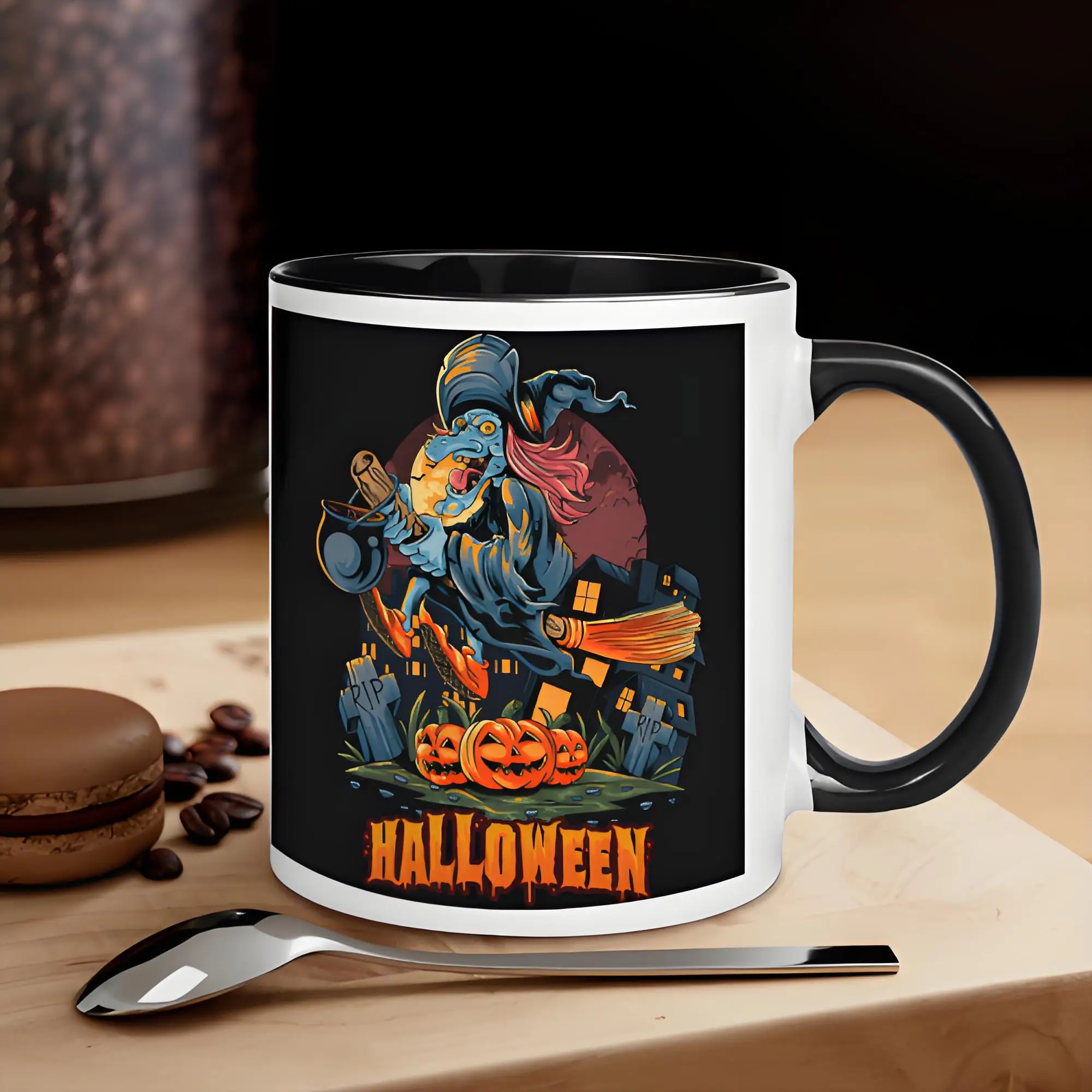 

Creative Coffee Cup, Wizard Riding a Magic Broom Pattern Print, Kitchen Ceramic Drink, Halloween Unique Gift, 11 oz
