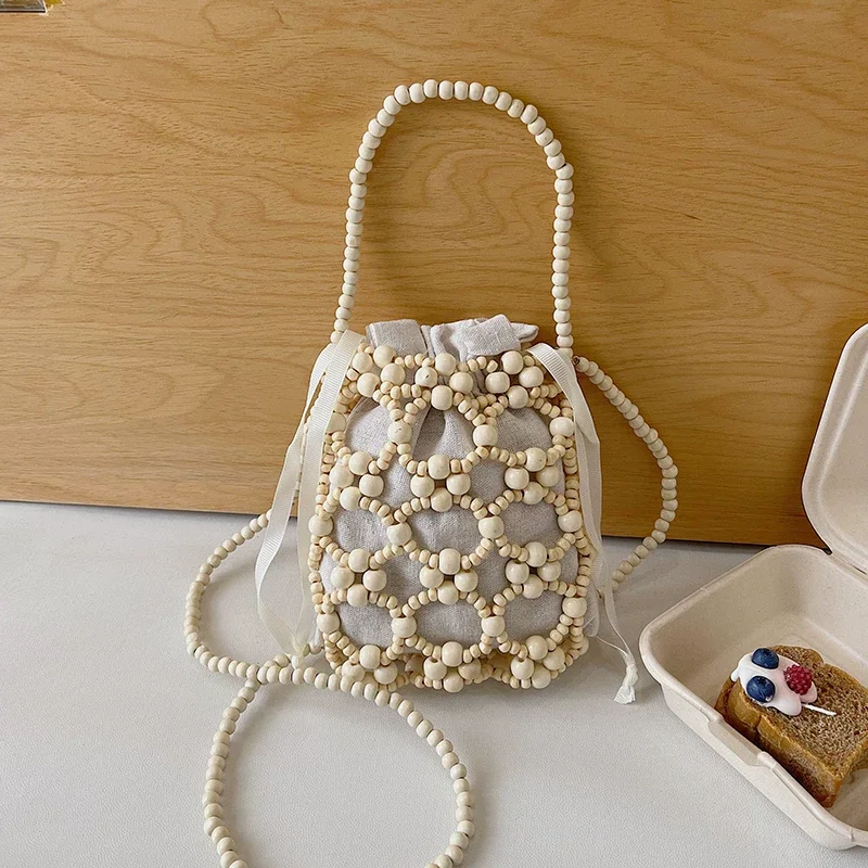 

Wooden Beaded Bucket Bag for Women Handmade Drawstring Crossbody Purse Weave Versatile Commuter Personalized One Shoulder Bag