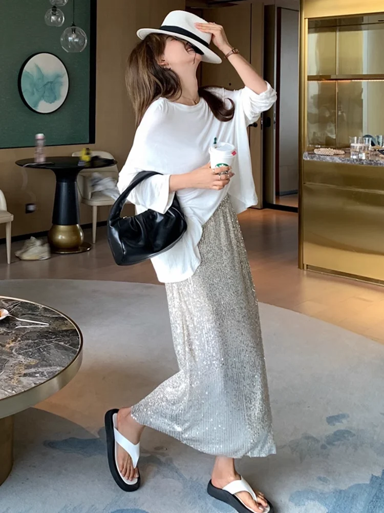 Summer New Women Ankle Length Long Straight Skirt High Waist Bling Bling Shiny Sequined Party Skirts Casual Lady Slim Fit Skirt