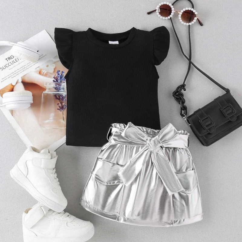 2Pcs Summer Girls Clothes Sets Cute Flying Sleeve Black Tops + Sliver Skirt Toddler Kids Clothing Suits Children Outfit