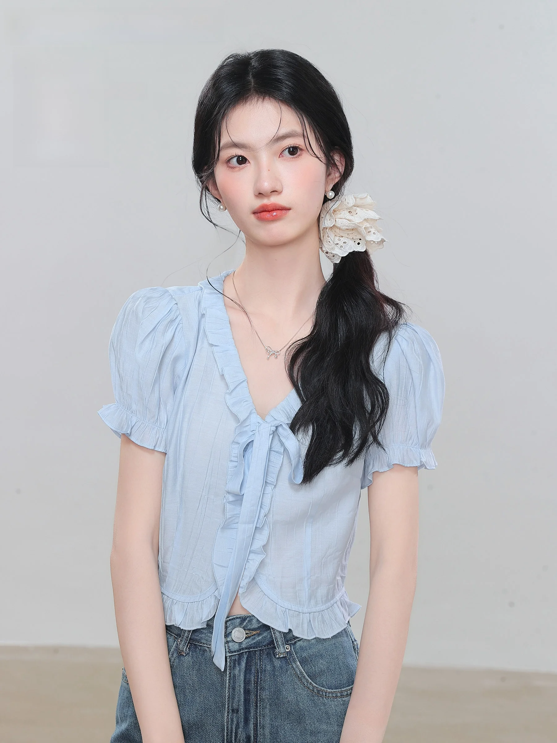 

Lingjiu 2025 New V-ne Lace irt ort Sle Outerwear High-end Sensation Summer Top Women's Busin Casual Cotton Bubble ...