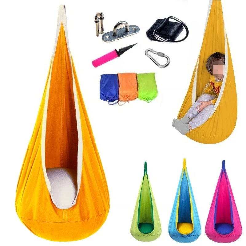 1Pc Kids Pod Swing Seat Cotton Child Hammock Swing Chair Blue/Yellow/Pink/Green Sensory Swing for Indoor and Outdoor Use