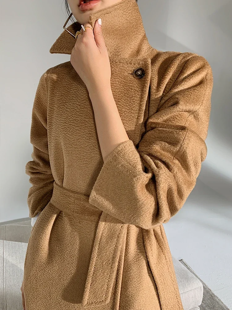 Classic High-end Hepburn Feng Shui Ripple 100% Camel Cashmere Coat with Lace-up Slim Fit Medium-length Woolen Coat for Women