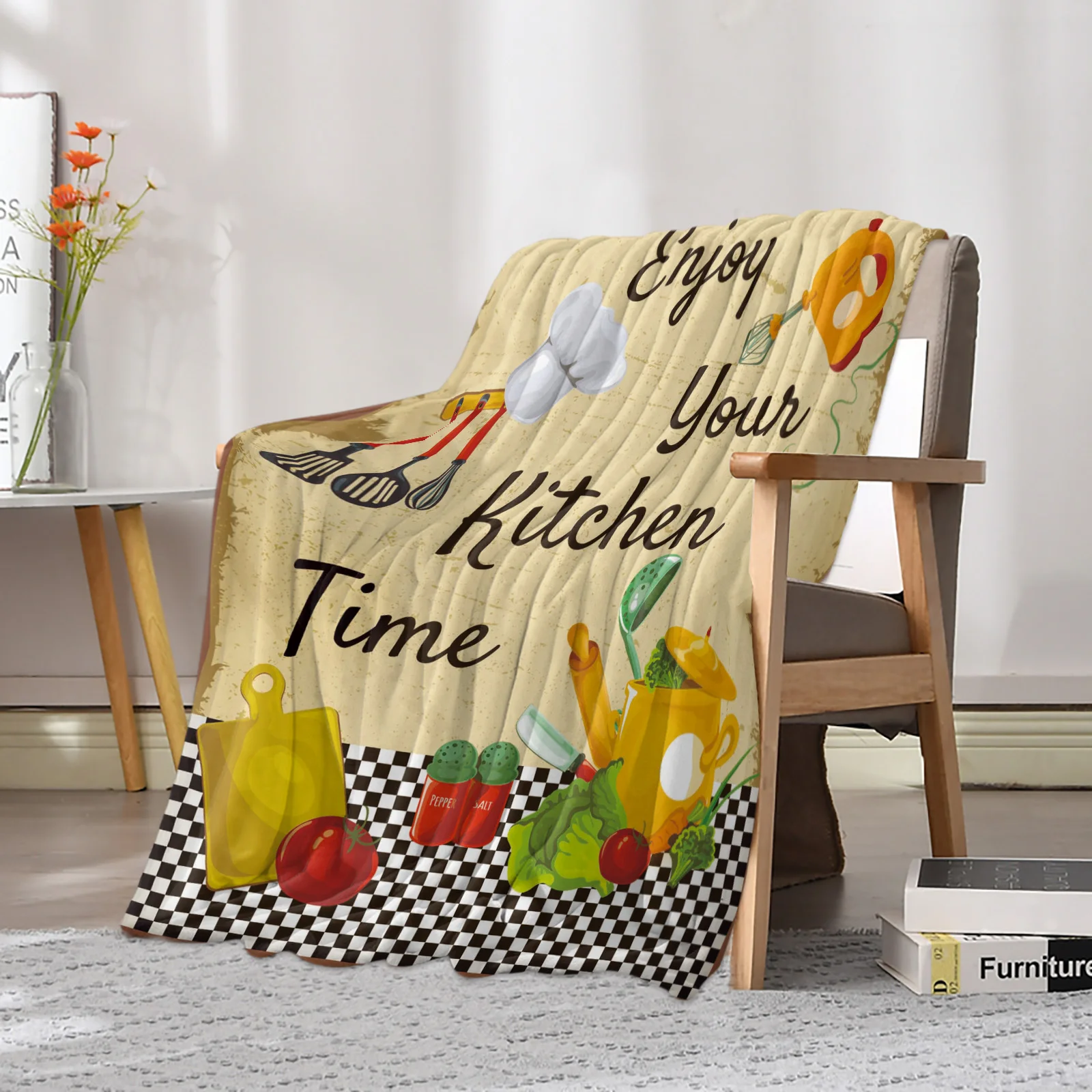 Kitchen Vegetables Chef Hat Plaid Printed Throw Blanket Flannel Fleece Blankets Soft Throws for Sofa Couch Bed Bedroom Bedspread