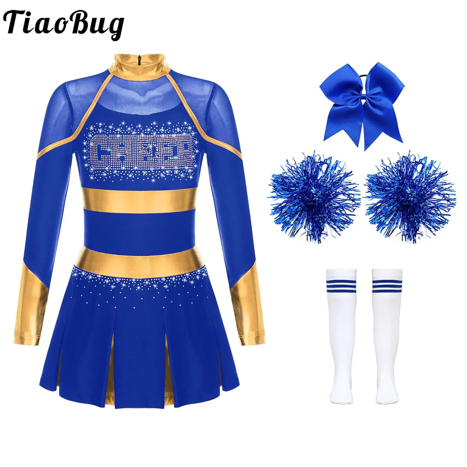 

Girls Cheerleading Outfit Performance Costume Contrast Color Long Sleeve Cheer Dress with Socks and Headwear Hand Flowers Suit